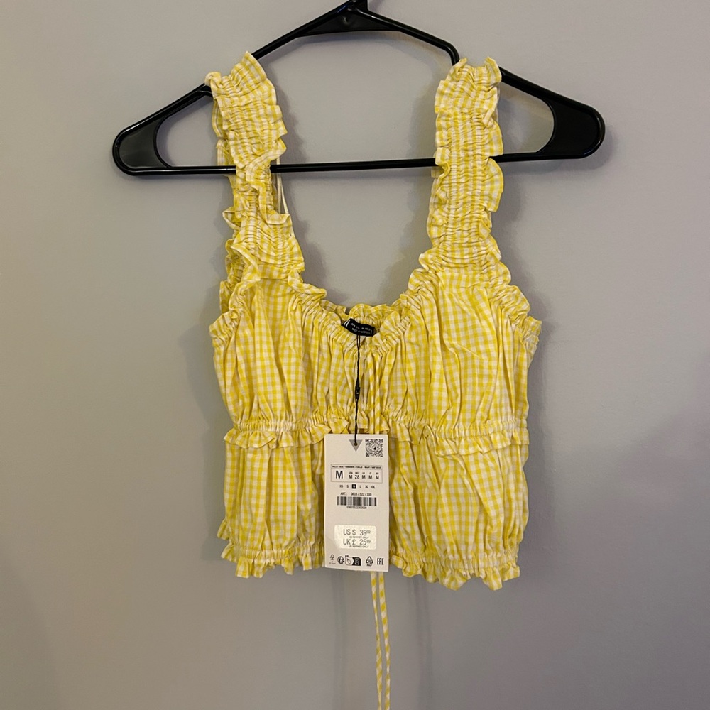 Zara Yellow Ruffled Smocked Crop Tank Top